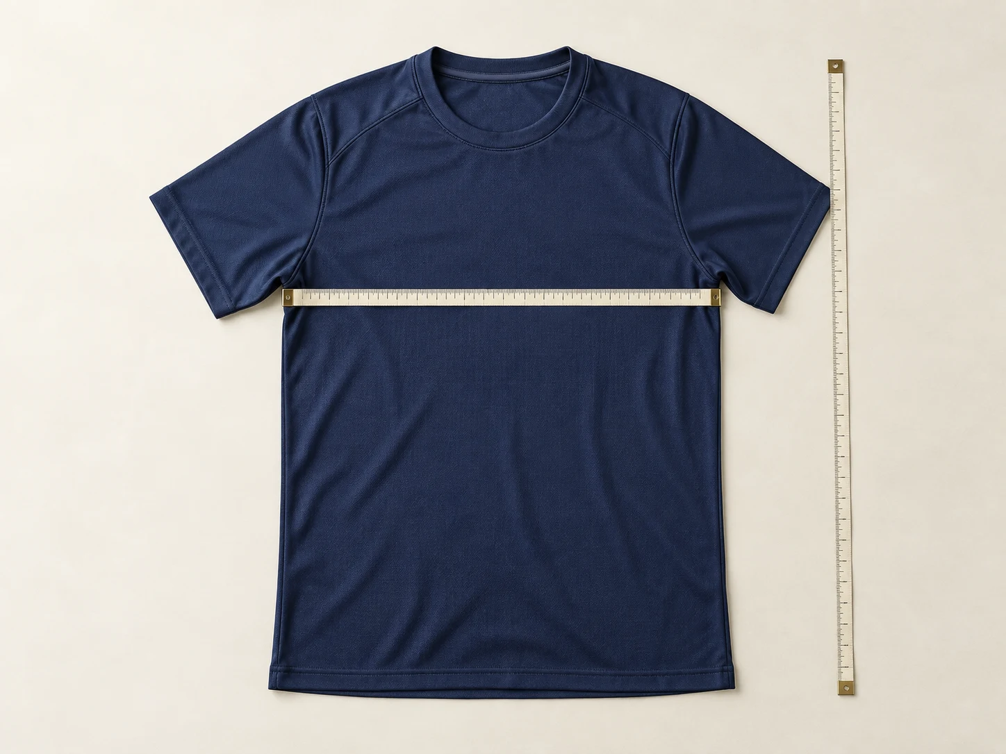 Illustration of a navy jersey laid flat with measuring tapes across the chest and beside its length